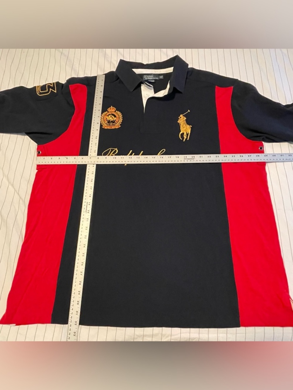 VTG Polo Ralph Lauren Rugby Shirt Mens 3XL Tall Gold Crest Blue Red Big Pony - Picture 14 of 14